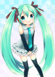 Rule 34 | 1girl, :d, aqua eyes, aqua hair, bare shoulders, blush, checkered background, colorized, detached sleeves, frills, gradient background, hair ribbon, hatsune miku, headset, highres, lens flare, long hair, necktie, open mouth, ribbon, skirt, smile, solo, thighhighs, tie clip, twintails, usashiro mani, v arms, very long hair, vocaloid, zettai ryouiki