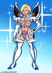 Rule 34 | 1girl, ariel guadalupe, blonde hair, blue eyes, boots, breasts, center opening, cleavage, cleavage cutout, clothing cutout, cosplay, dc comics, female focus, full body, high heel boots, high heels, highres, junketsu, kill la kill, kiryuuin satsuki, kiryuuin satsuki (cosplay), kryptonian, large breasts, lips, midriff, navel, power girl, revealing clothes, short hair, solo, sparkle, suspenders, thigh boots, thighhighs