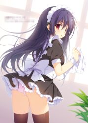 Rule 34 | 1girl, apron, ass, black dress, black hair, brown eyes, brown thighhighs, dress, frilled apron, frilled dress, frills, from behind, hair between eyes, highres, long hair, looking at viewer, looking back, maid, maid headdress, original, panties, pimopi, pink panties, pixelated, pleated dress, solo, standing, thighhighs, underwear, very long hair, white apron, window