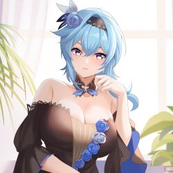 Rule 34 | 1girl, absurdres, bare shoulders, black choker, black dress, blue hair, breasts, choker, cleavage, commentary request, dress, eula (genshin impact), genshin impact, highres, large breasts, lingshalan, long hair, off-shoulder dress, off shoulder, official alternate costume, short sleeves, solo, upper body