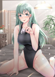 Rule 34 | 1girl, aga marino, aqua eyes, aqua hair, arena (company), bed, black one-piece swimsuit, blurry, blurry background, breasts, commentary request, condom, condom wrapper, drawer, hair ornament, hairclip, highleg, highleg swimsuit, holding, kantai collection, lamp, large breasts, logo, long hair, looking at viewer, one-piece swimsuit, plant, potted plant, sitting, solo, suzuya (kancolle), swimsuit, tongue, tongue out, wariza