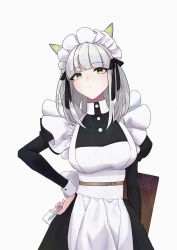 Rule 34 | 1girl, animal ear fluff, animal ears, apron, arknights, artist name, black dress, blunt bangs, bow, cat ears, closed mouth, dress, frills, green eyes, hair bow, hand on own hip, highres, holding, holding pen, inuko (redconstellation), kal&#039;tsit (arknights), long sleeves, looking at viewer, maid headdress, medium hair, obi, pen, sash, sidelocks, solo, standing, upper body, white apron, white background, white hair, wrist cuffs
