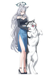 1girl absurdres alfie_(tmdals7645) alternate_costume animal_ear_fluff animal_ears black_choker black_halo blue_archive broken_halo casual choker cross cross_hair_ornament dark_halo dog extra_ears full_body grey_hair hair_ornament halo highres husky inverted_cross mismatched_pupils shiroko_(blue_archive) shiroko_terror_(blue_archive) solo standing wolf_ears wolf_girl