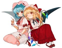 Rule 34 | 2girls, ;t, adapted costume, artist name, ascot, bat wings, black ribbon, blonde hair, blue hair, blush, bobby socks, bow, commentary request, crystal, dress, fang, fang out, flandre scarlet, frilled shirt collar, frills, gotou (nekocat), hand up, handkerchief, hat, hat bow, head tilt, high heels, holding, holding hands, holding spoon, interlocked fingers, knees up, long dress, long hair, looking at another, mob cap, multiple girls, nail polish, neck ribbon, one eye closed, one side up, parted lips, pink dress, pink hat, pointy ears, puffy short sleeves, puffy sleeves, red bow, red dress, red eyes, red footwear, red nails, red neckwear, remilia scarlet, ribbon, sash, short sleeves, siblings, signature, simple background, sisters, sitting, smile, socks, spoon, touhou, wariza, white background, white legwear, white sash, wings, wrist cuffs