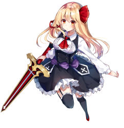 Rule 34 | 1girl, alternate hair length, alternate hairstyle, black thighhighs, blonde hair, blush, breasts, brown eyes, corset, cross, arrow cross, d:, ex-rumia, floating hair, frilled skirt, frilled thighhighs, frills, garter straps, hair between eyes, hair ribbon, highres, holding, holding sword, holding weapon, kisaragi yuri, long hair, looking at viewer, medium breasts, open mouth, red footwear, red neckwear, red ribbon, ribbon, rumia, shirt, skirt, solo, sword, tagme, thighhighs, touhou, weapon, white shirt
