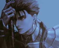 Rule 34 | 1boy, armor, beads, close-up, closed mouth, cu chulainn (fate), earrings, fate/stay night, fate (series), gae bolg (fate), grin, hair beads, hair ornament, holding, holding polearm, holding weapon, jewelry, kim yura (goddess mechanic), cu chulainn (fate/stay night), long hair, male focus, pauldrons, polearm, ponytail, red eyes, shoulder armor, simple background, slit pupils, smile, solo, spiked hair, type-moon, weapon