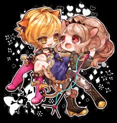 Rule 34 | 2girls, animal ears, bad id, bad pixiv id, big hair, black background, black choker, black jacket, blonde hair, blush, boots, brown hair, carrying, cat ears, cat tail, chibi, choker, citti (show by rock!!), copyright request, dress, eye contact, fangs, grey legwear, high heel boots, high heels, holding, holding microphone, jacket, jewelry, laina (show by rock!!), lion ears, lion tail, looking at another, mamaloni, microphone, microphone stand, multiple girls, necklace, outline, pantyhose, pigeon-toed, pink footwear, ponytail, princess carry, purple dress, red eyes, short sleeves, show by rock!!, slit pupils, smile, tail, white outline, yellow eyes, yuri
