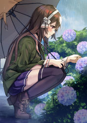Rule 34 | .live, 1girl, ashisi, bad id, bad pixiv id, black thighhighs, blue skirt, blush, bow, brown footwear, brown hair, brown umbrella, closed mouth, flower, from side, green jacket, hair bow, hairband, highres, holding, holding umbrella, hydrangea, jacket, long hair, long sleeves, miniskirt, outdoors, pleated skirt, profile, purple flower, rain, red eyes, sailor collar, skirt, smile, solo, thighhighs, umbrella, very long hair, virtual youtuber, wet hat, wet jacket, white bow, white hairband, white sailor collar, yaezawa natori, zettai ryouiki