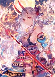 Rule 34 | 1girl, absurdres, arm guards, armor, bare shoulders, bow, breasts, bright pupils, cherry blossoms, closed mouth, commentary request, cowboy shot, dual wielding, fate/grand order, fate (series), fire, flaming sword, flaming weapon, floating hair, full moon, gloves, grey hair, hair between eyes, hair bow, headband, highres, holding, holding sword, holding weapon, horns, japanese armor, japanese clothes, kimono, long hair, looking away, looking down, medium breasts, moon, night, oni horns, petals, purple bow, red eyes, red gloves, ribbon, rioka (southern blue sky), scabbard, sheath, sheathed, sideboob, sleeveless, sleeveless kimono, slit pupils, solo, sword, tomoe gozen (fate), very long hair, weapon, white kimono, yellow ribbon