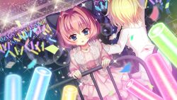 Rule 34 | 2girls, against railing, arm up, black bow, blonde hair, blue eyes, bow, braid, breasts, collarbone, confetti, crowd, dot nose, dress, film grain, game cg, glowstick, hair bow, hair intakes, hand on another&#039;s shoulder, hasegawa mii, hiiragi kae, izumi tsubasu, jewelry, lace, lace-trimmed dress, lace trim, layered skirt, lens flare, lights, looking at viewer, medium breasts, multiple girls, necklace, non-web source, official art, open mouth, pink dress, pink hair, pink skirt, railing, re:stage!, short hair, single braid, skirt, solo focus, sparkle, sweater, teeth, upper teeth only, white sweater