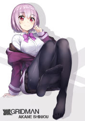 Rule 34 | 10s, 1girl, arm support, ass, black panties, black pantyhose, black skirt, blush, bow, bowtie, breasts, character name, closed mouth, collared shirt, commentary request, copyright name, feet, full body, grey background, gridman universe, hand up, highres, jacket, knees up, large breasts, long sleeves, miniskirt, no shoes, off shoulder, open clothes, open jacket, panties, pantyhose, pleated skirt, purple bow, purple bowtie, purple hair, purple jacket, red eyes, shadow, shinjou akane, shirt, short hair, simple background, sitting, skirt, sleeves past wrists, smile, soles, solo, ssss.gridman, tareme, toes, underwear, white background, white shirt, yukinoshita (shaonjishi)