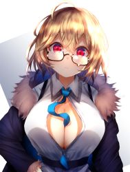 Rule 34 | 1girl, ahoge, bad id, bad pixiv id, between breasts, blonde hair, blue archive, blue necktie, blush, breasts, cleavage, collared shirt, fur-trimmed jacket, fur trim, glasses, hair between eyes, hand on own hip, highres, jacket, kotori (blue archive), large breasts, looking at viewer, necktie, necktie between breasts, nidaime (doronbo), partially unbuttoned, red eyes, semi-rimless eyewear, shirt, short hair, solo, under-rim eyewear, upper body, white shirt