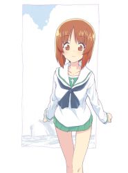 Rule 34 | 1girl, black neckerchief, blouse, brown eyes, brown hair, clenched teeth, closed mouth, commentary, girls und panzer, green skirt, leaning forward, long sleeves, looking at viewer, miniskirt, monolith (suibou souko), neckerchief, nishizumi miho, ooarai school uniform, outside border, pleated skirt, school uniform, serafuku, shirt, short hair, skirt, smile, solo, standing, teeth, thigh gap, white shirt