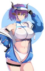 Rule 34 | alt text, animal ears, arknights, bare shoulders, bikini, bikini under clothes, black gloves, blue background, blue jacket, blush, breasts, closed mouth, collarbone, cow ears, cow girl, cow horns, cowboy shot, edelritter, fingerless gloves, gloves, hand on headwear, hand on own hip, highres, horns, jacket, large breasts, looking at viewer, navel, off shoulder, official alternate costume, open clothes, open jacket, purple hair, short hair, sideroca (arknights), sideroca (light breeze) (arknights), smile, stomach, swimsuit, thigh strap, two-tone background, unzipped, white background, white bikini, white headwear, yellow eyes