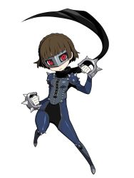 Rule 34 | 10s, 1girl, biker clothes, bodysuit, braid, brass knuckles, brown hair, crown braid, highres, mask, niijima makoto, official art, persona, persona 5, persona q2: new cinema labyrinth, persona q (series), red eyes, scarf, shoulder spikes, spikes, weapon