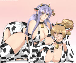Rule 34 | 2girls, all fours, animal ears, animal print, breast press, breasts, cleavage, cow ears, cow horns, cow print, cowbell, crane yuzuriha, dress, earrings, girl on top, hand on own chest, highres, horns, huge breasts, jewelry, low twintails, lying, lying on ground, multiple girls, on side, saint seiya, saint seiya: the lost canvas, sasha (saint seiya: the lost canvas), tattoo, the-dark-knight19089, thick thighs, thighhighs, thighs, twintails, updo