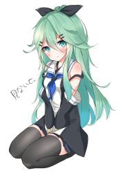 Rule 34 | 10s, 1girl, absurdres, aqua eyes, bare shoulders, black bow, black ribbon, black thighhighs, blue neckerchief, blush, bow, breasts, detached sleeves, eyebrows, frown, full body, green eyes, green hair, hair between eyes, hair bow, hair ornament, hair ribbon, hairclip, head tilt, high ponytail, highres, kantai collection, long hair, looking at viewer, matching hair/eyes, neckerchief, own hands together, pleated skirt, pocari (sq551), ponytail, ribbon, school uniform, serafuku, simple background, sitting, skirt, small breasts, solo, thighhighs, v arms, wariza, white background, yamakaze (kancolle), zettai ryouiki