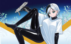 1girl absurdres aqua_eyes b&amp;t_mp9 black_bodysuit black_hair bodysuit breasts closed_mouth commentary doge english_commentary gun highres holding holding_gun holding_weapon latex latex_bodysuit light_smile looking_at_viewer miles2213x multicolored_hair original shirt short_hair sitting solo sticker submachine_gun t-shirt trigger_discipline two-tone_hair vegetation weapon white_hair white_shirt