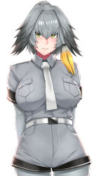 Rule 34 | 10s, 1girl, absurdres, alternate breast size, arms behind back, belt, black hair, bodystocking, breast pocket, breasts, bright background, closed mouth, collared shirt, cowboy shot, grey hair, grey shirt, grey shorts, hair ornament, hairclip, highres, impossible clothes, impossible shirt, kemono friends, large breasts, layered sleeves, long hair, long sleeves, looking at viewer, low ponytail, multicolored hair, necktie, orange hair, pantyhose, pocket, shirt, shirt tucked in, shoebill (kemono friends), short over long sleeves, short sleeves, shorts, side ponytail, simple background, solo, standing, upper body, white background, white necktie, wing collar, yashichii, yellow eyes