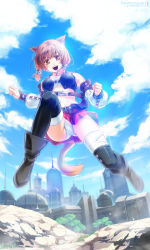 Rule 34 | 10s, 1girl, animal ears, boots, brown eyes, brown hair, city, cloud, day, detached sleeves, final fantasy, final fantasy xiv, hair ornament, jumping, looking at viewer, looking down, midriff, miqo&#039;te, panties, short hair, skirt, sky, solo, square enix, tail, thighhighs, underwear, upskirt, wall, warrior of light (ff14), you haruka
