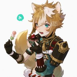 Rule 34 | 1boy, animal ears, aqua eyes, armor, artist name, asymmetrical sleeves, black gloves, black shirt, blonde hair, cake, commentary request, dango, dog boy, dog ears, eyeshadow, fang, fingerless gloves, food, fruit, genshin impact, gloves, gorou (genshin impact), hair between eyes, hands up, holding, holding food, long sleeves, looking at viewer, makeup, male focus, multicolored hair, open mouth, pink eyeshadow, puffy long sleeves, puffy sleeves, ribbon, rowya, sanshoku dango, shirt, short hair, short sleeves, shoulder armor, simple background, solo, speech bubble, standing, strawberry, sweatdrop, tassel, teeth, tongue, two-tone hair, v-shaped eyebrows, wagashi, watermark, white background, white hair, yellow ribbon