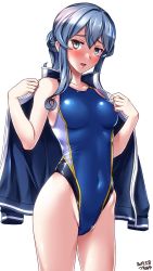 Rule 34 | 1girl, :o, blue eyes, blue hair, blush, breasts, competition swimsuit, covered navel, cowboy shot, gotland (kancolle), hair between eyes, hair bun, highres, jacket, kantai collection, long hair, looking at viewer, medium breasts, mole, mole under eye, one-piece swimsuit, open clothes, open jacket, open mouth, sidelocks, simple background, single hair bun, skindentation, solo, swimsuit, swimsuit under clothes, tsuchimiya, undressing, white background
