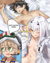 Rule 34 | 1girl, 2boys, aftersex, armpits, bite mark, black hair, blue hair, blush, breasts, collared shirt, das (dan dan), dress shirt, exhausted, fate/grand order, fate (series), forked eyebrows, fujimaru ritsuka (male), gradient hair, guy tired after sex (meme), light brown hair, long hair, long sleeves, looking at viewer, low twintails, marine nemo (fate), melusine (fate), meme, multicolored hair, multiple boys, navel, nemo (fate), one eye closed, open clothes, open mouth, open shirt, pectorals, pillow, selfie, shirt, short hair, short twintails, sidelocks, small breasts, smile, sunglasses, thighs, tongue, tongue out, turban, twintails, two-tone hair, v, viewfinder, white hair, white headwear, white shirt, yellow eyes