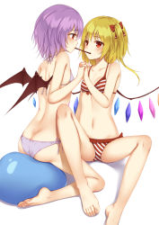 Rule 34 | 2girls, ass, ball, bare legs, bare shoulders, barefoot, bat wings, bikini, black wings, blonde hair, bow, breasts, butt crack, collarbone, exercise ball, feet, flan (seeyouflan), flandre scarlet, food, hair bow, highres, holding hands, incest, interlocked fingers, multiple girls, navel, pocky, pocky kiss, purple bikini, purple hair, red bikini, red bow, red eyes, remilia scarlet, shared food, siblings, side-tie bikini bottom, simple background, sisters, sitting, small breasts, soles, stomach, striped bikini, striped clothes, swimsuit, toes, touhou, white background, wings, yuri