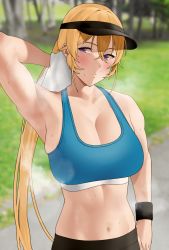 Rule 34 | 1girl, arm behind head, arm up, armpits, bad id, bad pixiv id, black hat, black pants, blonde hair, blue sports bra, blurry, blurry background, blush, breasts, breath, cleavage, crossed bangs, exercise, grass, hair between eyes, hat, highres, holding, holding towel, large breasts, long hair, looking to the side, midriff, nakiri erina, navel, outdoors, pants, ponytail, purple eyes, rinrin (user tvcf4347), shokugeki no souma, skindentation, solo, sports bra, steaming body, stomach, sweat, towel, tree, upper body, visor cap, wiping sweat, wristband