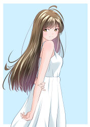 Rule 34 | 1girl, antenna hair, arms behind back, bare shoulders, blue background, brown hair, dress, from side, highres, light smile, long dress, long hair, looking at viewer, original, simple background, sleeveless, sleeveless dress, sundress, white dress, yamanaka kouji (yanchiki2001)