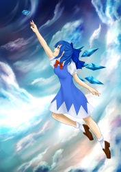 Rule 34 | 1-05, 1girl, absurdres, blue dress, blue eyes, blue hair, blue sky, bow, bowtie, breasts, brown footwear, cirno, cloud, commentary request, dress, flying, from side, full body, gem, hair bow, highres, loafers, looking to the side, looking up, medium breasts, open mouth, outstretched arm, pinafore dress, profile, puffy short sleeves, puffy sleeves, reaching, red bow, red bowtie, shirt, shoes, short sleeves, sky, sleeveless dress, solo, thick eyebrows, touhou, white legwear, white shirt, wings