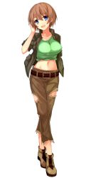 Rule 34 | 1girl, :d, belt, blue eyes, breasts, brown footwear, brown jacket, brown pants, full body, green shirt, hand up, jacket, jessie garland, large breasts, looking at viewer, midriff, navel, official art, open mouth, pants, patriarch xtasy, shirt, short hair, smile, solo, standing, torn clothes, torn pants, transparent background