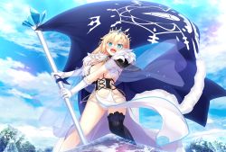 Rule 34 | 1girl, aqua eyes, bikini, blonde hair, blue eyes, blush, breasts, cape, cloud, crown, flag, fur trim, game cg, happy, highres, holding, holding flag, ice, iris december uncry, jewel, large breasts, legs, long hair, looking at viewer, navel, nora to oujo to noraneko heart 2, oozora itsuki, open mouth, original, outdoors, pelvic curtain, princess, revealing clothes, single thighhigh, sky, smile, solo, standing, swimsuit, thighhighs, thighs, wind