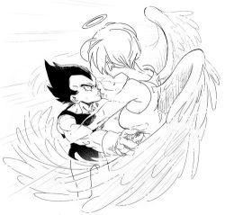 Rule 34 | 1boy, 1girl, angel, angel wings, bad id, bad twitter id, black eyes, black hair, bulma, commentary request, crying, death, dragon ball, dragonball z, gloves, greyscale, halo, hand on another&#039;s cheek, hand on another&#039;s face, looking at another, lowres, monochrome, out of frame, sad, voice actor, voice actor connection, short hair, simple background, tears, tsuru hiromi, vegeta, white background, wings