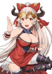 Rule 34 | 10s, 1girl, aliza (granblue fantasy), bad id, bad twitter id, breasts, cleavage, draph, dress, fighting stance, granblue fantasy, horns, jewelry, large breasts, long hair, mikurou (nayuta), pointy ears, ponytail, red dress, red eyes, silver hair, solo