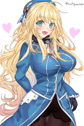 Rule 34 | 1girl, atago (kancolle), beret, black gloves, black skirt, blonde hair, blue hat, blue jacket, blue skirt, breasts, chamumi (mochiumee), cowboy shot, fur collar, gloves, green eyes, hat, heart, highres, jacket, kantai collection, large breasts, long hair, long sleeves, military, military uniform, open mouth, pantyhose, showgirl skirt, skirt, smile, solo, twitter username, uniform, white background