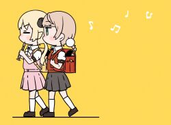 Rule 34 | 2girls, alternate costume, animal ears, backpack, bag, blonde hair, blunt bangs, blush, blush stickers, bow, bowtie, chibi, closed eyes, dress, dress shirt, flute, from side, green eyes, grey skirt, hair ornament, hashtag only commentary, highres, holding, holding flute, holding instrument, holding strap, hololive, horns, indie virtual youtuber, instrument, jitome, kneehighs, kyoufuu all back (vocaloid), light brown hair, long hair, mary janes, multiple girls, musical note, necktie, nobori yuzu, nose blush, pinafore dress, pink dress, pleated dress, pleated skirt, pom pom (clothes), pom pom hair ornament, randoseru, red bag, red necktie, red sweater vest, sheep ears, sheep girl, sheep horns, shigure ui (vtuber), shirt, shoes, short hair, short twintails, sidelocks, skirt, sleeveless, sleeveless dress, socks, sweater vest, tsunomaki watame, twintails, virtual youtuber, walking, white bow, white bowtie, white shirt, white socks, yellow background, yellow bag