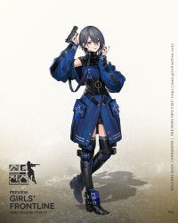 Rule 34 | 1girl, ankle guards, baggy clothes, black thighhighs, blue coat, blue eyes, boots, breasts, character name, clothing cutout, coat, corset, earrings, full body, girls&#039; frontline, grey hair, gun, hair between eyes, handgun, highres, holding, holding gun, holding magazine (weapon), holding weapon, infukun, jewelry, long sleeves, looking at viewer, magazine (weapon), official art, p22 (girls&#039; frontline), parted lips, short hair, shoulder cutout, sidelocks, skindentation, sleeves past wrists, smile, solo, standing, standing on one leg, strap, stud earrings, thigh boots, thighhighs, trigger discipline, turtleneck, walther p22, watermark, weapon, zipper