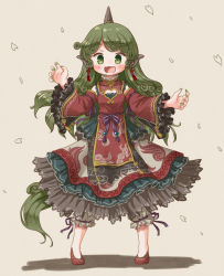 Rule 34 | 1girl, alternate costume, arinu, blush, cleavage cutout, clothing cutout, curly hair, detached sleeves, dress, fingernails, green eyes, green hair, green nails, highres, horns, komano aunn, long hair, looking at viewer, nail polish, open mouth, petals, sharp fingernails, simple background, single horn, solo, tail, touhou, wide sleeves