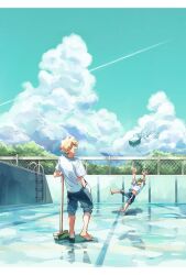 Rule 34 | 2boys, alternate costume, alternate eye color, aqua sky, arms up, bakugou katsuki, barefoot, black eyes, blank eyes, blonde hair, blue pants, boku no hero academia, bucket, bucket of water, casual, catching, chain-link fence, cleaning, clothes lift, cloud, contrail, cumulonimbus cloud, day, dokka p, empty pool, falling, fence, freckles, from behind, green hair, hand in pocket, hand rest, hand up, highres, leaning back, leg up, letterboxed, looking up, male focus, midoriya izuku, mop, multiple boys, open hands, open mouth, outdoors, outstretched hand, panicking, pants, pants rolled up, pocket, pool, pool ladder, profile, reaching, reflection, reflective water, shadow, shirt, shirt lift, short hair, short sleeves, single vertical stripe, slouching, spiked hair, splashing, standing, surprised, t-shirt, toes up, tree, wet floor, white shirt, wide-eyed, wide shot
