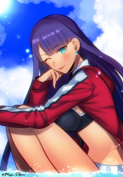 Rule 34 | 1girl, ;p, bikini, black bikini, blue eyes, blue sky, breasts, cloud, day, earrings, fate/grand order, fate (series), floating hair, frilled bikini, frills, from side, jacket, jewelry, lens flare, long hair, long sleeves, looking at viewer, martha (fate), martha (swimsuit ruler) (fate), martha (swimsuit ruler) (second ascension) (fate), medium breasts, meiji ken, one eye closed, open clothes, open jacket, purple hair, red jacket, sideboob, sitting, sky, smile, solo, sun, sunlight, swimsuit, tongue, tongue out, twitter username, very long hair, white bikini