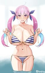 Rule 34 | 1girl, ahoge, alternate breast size, aqua hair, artist logo, artist name, bare shoulders, bikini, blue bikini, blue nails, blue ribbon, blunt bangs, blush, braid, breasts, cleavage, collarbone, colored inner hair, commentary, commentary request, double strap slip, drill hair, english commentary, fingernails, front-tie bikini top, front-tie top, furrowed brow, gluteal fold, groin, hair ribbon, handplug, highres, holding strap, hololive, huge breasts, long fingernails, long hair, looking at viewer, minato aqua, minato aqua (hololive summer 2019), mixed-language commentary, multicolored hair, nail polish, navel, open mouth, pink hair, pinky out, purple eyes, ribbon, side-tie bikini bottom, solo, standing, stomach, streaked hair, striped bikini, striped clothes, sweatdrop, swimsuit, thigh gap, thighs, twin drills, twintails, two-tone bikini, two-tone hair, underboob, virtual youtuber, wading, water, white background, white bikini, yellow trim