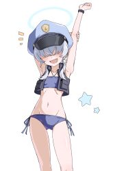 Rule 34 | 1girl, :d, arms up, bikini, blue archive, blue hair, blue halo, blue hat, blush, fang, female focus, flak jacket, hair over eyes, halo, halterneck, hat, highres, jacket, light blue hair, low twintails, md5 mismatch, open mouth, police hat, side-tie bikini bottom, simple background, smile, solo, star (symbol), stretching, swimsuit, tibaridooor, twintails, valkyrie police academy student (blue archive), valkyrie police academy student (sg) (blue archive), vest, webp-to-png conversion, white background