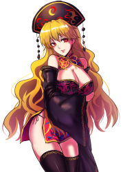 Rule 34 | 1girl, adapted costume, black panties, black thighhighs, blonde hair, blush, breasts, chinese clothes, cleavage, cleavage cutout, clothing cutout, detached sleeves, dress, female focus, hat, highres, junko (touhou), koissa, large breasts, lips, long hair, long sleeves, looking at viewer, panties, red eyes, side-tie panties, simple background, sketch, smile, solo, thighhighs, touhou, underwear, white background, wide sleeves