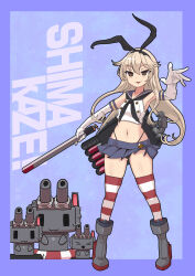 Rule 34 | 1girl, absurdres, anchor hair ornament, black hairband, black neckerchief, black panties, blonde hair, blue skirt, breasts, brown eyes, character name, crop top, elbow gloves, full body, gloves, hair ornament, hairband, highleg, highleg panties, highres, holding, holding torpedo, kantai collection, long hair, microskirt, navel, neckerchief, panties, pleated skirt, rensouhou-chan, rigging, sailor collar, school uniform, serafuku, shimakaze (kancolle), skirt, small breasts, standing, striped clothes, striped thighhighs, thighhighs, torpedo, torpedo launcher, tsun&#039;ichi (tsun1), underwear, white gloves