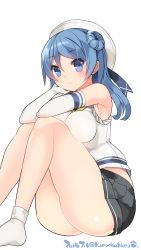 Rule 34 | 10s, 1girl, 2015, :&gt;, ass, bare shoulders, black skirt, blue eyes, blue hair, blush, bobby socks, breast press, breasts, dated, double bun, female focus, gloves, hair bun, hand on own face, hat, highres, impossible clothes, kantai collection, knees together feet apart, kuro chairo no neko, large breasts, long hair, looking away, looking to the side, matching hair/eyes, miniskirt, paw print, pleated skirt, ringed eyes, school uniform, serafuku, simple background, sitting, skirt, sleeveless, smile, socks, solo, twitter username, urakaze (kancolle), white background, white gloves, white hat
