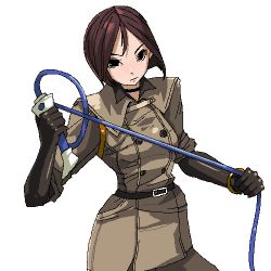 Rule 34 | 1girl, bob cut, brown hair, chiisan, choker, gloves, looking at viewer, lowres, short hair, simple background, snk, solo, the king of fighters, uniform, whip, whip (kof), white background