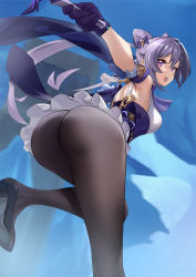 Rule 34 | 1girl, absurdres, artist request, ass, bare shoulders, bent over, breasts, dress, from behind, genshin impact, gloves, hair ornament, hairpin, high heels, highres, keqing (genshin impact), leaning, leaning forward, long hair, looking at viewer, looking back, medium breasts, open mouth, pantyhose, purple dress, purple eyes, purple hair, shiny clothes, short dress, skirt, solo, sword, thighs, twintails, upskirt, very long hair, weapon