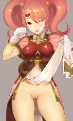 Rule 34 | 1girl, ;p, armor, bare legs, blush, breastplate, cameltoe, cape, circlet, commentary request, cowboy shot, dress, eyebrows, fire emblem, fire emblem echoes: shadows of valentia, fire emblem heroes, gluteal fold, hair between eyes, highres, kh (tanakananataka), mae (fire emblem), nintendo, one eye closed, panties, pink hair, pussy, red eyes, simple background, sleeveless, sleeveless dress, solo, tabard, tabard lift, tongue, tongue out, twintails, uncensored, underwear