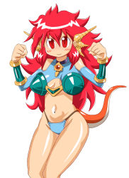 Rule 34 | 1girl, artist request, bracelet, breasts, breasts apart, cleavage, dragon girl, dragon half, elbow gloves, gloves, highres, horns, jewelry, long hair, mink (dragon half), monster girl, navel, necklace, red eyes, red hair, smile, standing, tail, underwear, white background